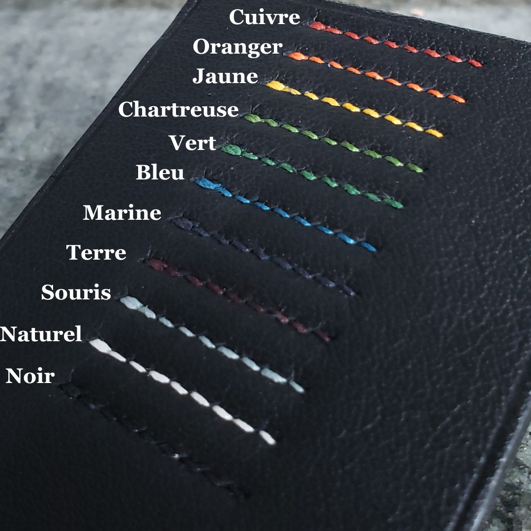 Echantillon de cuir noir et fils de couleur