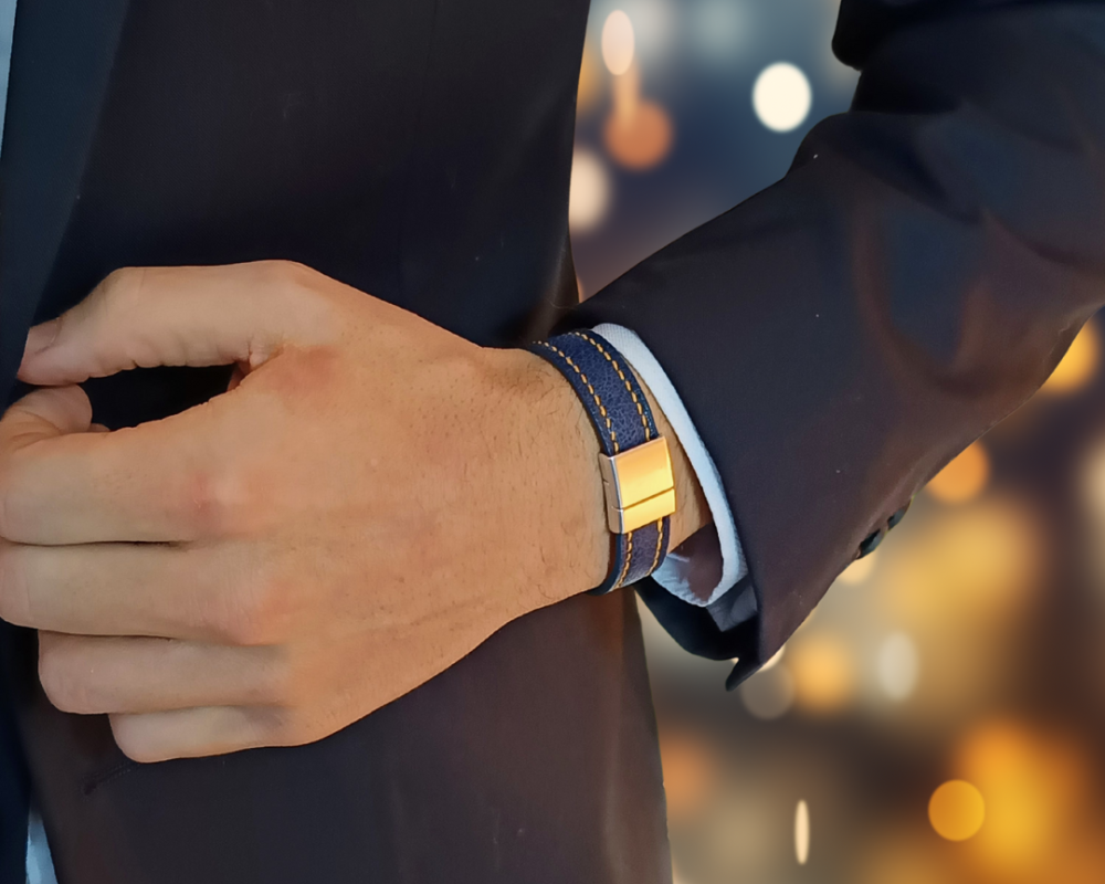 Bracelet cuir bleu, sur-mesure, fermoir magnétique